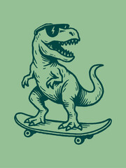 Tyrannosaurus on skateboard hand drawn engraving vector illustration