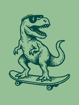 Tyrannosaurus on skateboard hand drawn engraving vector illustration