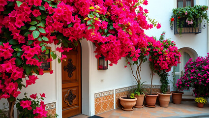 Naklejka premium A vibrant pink bougainvillea adorns a doorway in a charming mediterranean courtyard setting