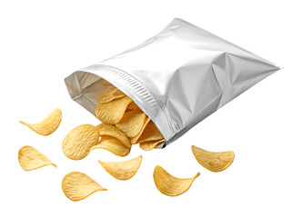 Potato chips spilling from foil bag on transparent background