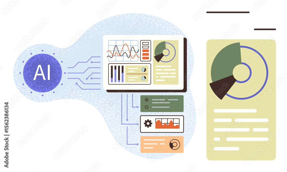 Aufkleber ai processes data with dashboards displaying graphs, charts, and metrics connected to a report. idea