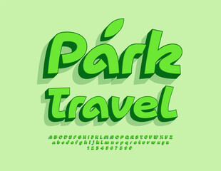 Vector Green emblem Park Travel. Eco Green 3D Font. Artistic Playful Alphabet Letters and Numbers set.