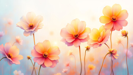 Watercolor Floral Meadow, Soft Focus Spring Flower Field Illustration, Gentle Pastel Colors, Blossoming Cosmos, Floral Background 