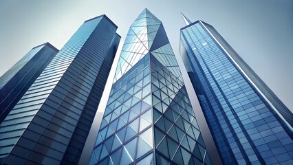 Perspective shot of modern glass skyscrapers reaching towards a clear blue sky
