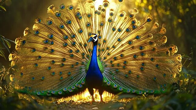 A vibrant peacock displaying its iridescent feathers in a sunlit forest clearing with bokeh background