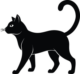 black cat silhouette walking with raised curved tail