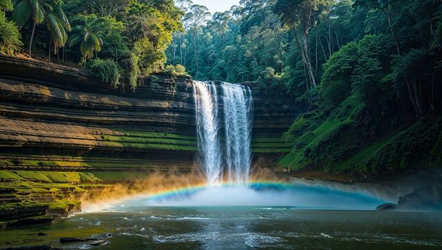 Dramatic wide shot of Kerala&rsquo;s largest waterfall cascading into a forested gorge under the morning light.