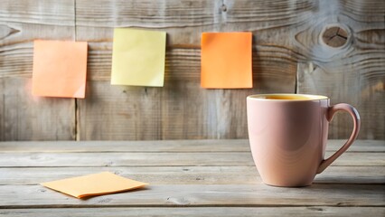Rustic wooden background with pastel pink mug, colorful sticky notes, and a calm, productive mood.