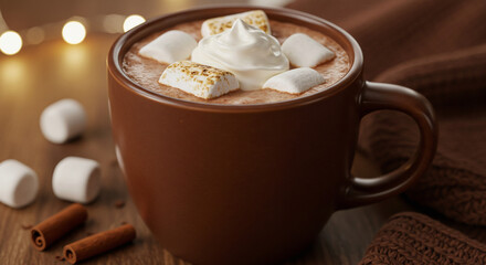 Beautiful Hot Chocolate with Cream and Marshmallows in a Ceramic Mug with Cozy Atmosphere