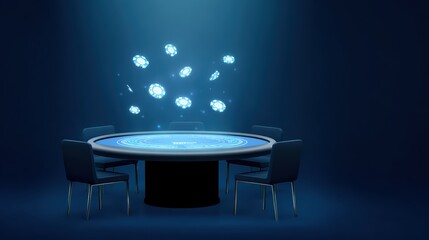 Abstract visualization of a casino gaming table with illuminated chips floating in blue light against a dark background