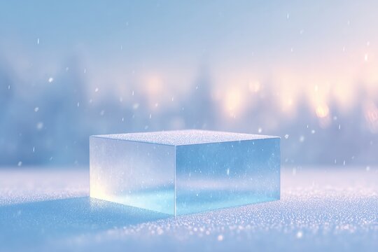 modern square podium with icy reflective surface positioned in snowy outdoor scene with visible snowflakes midair