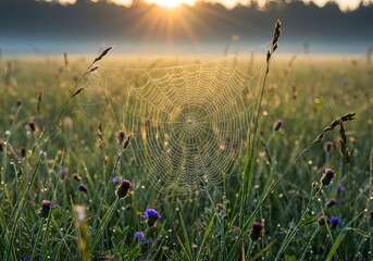 Delicate spider web shimmers in a grassy meadow at sunset or sunrise