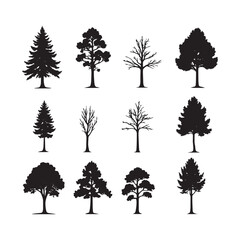 A versatile vector collection of tree silhouettes for nature-inspired designs, including pine, oak, palm, and birch