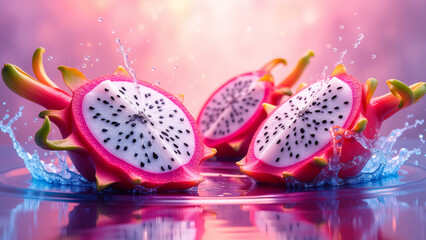 Dragon Fruit Splash: Vibrant Halves in Water with Refreshing Splashes