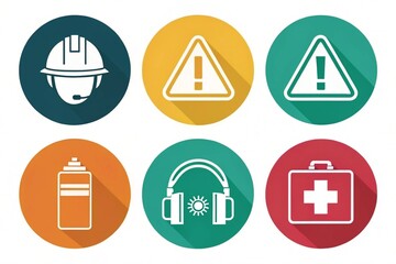 Safety first with workplace hazard prevention and protection icons in colorful designs that promote secure work environments.
