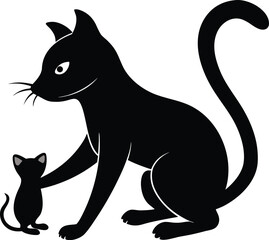 black cat silhouette with kitten sitting together in cute family pose