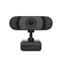 Close up of a sleek black webcam with a central lens isolated on transparent background