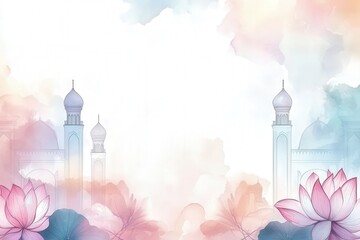 Islamic mosque and lotus flower watercolor art