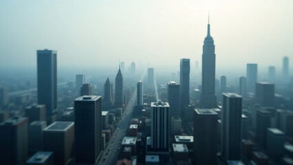 Cityscape Aerial View: Foggy Skyline with Skyscrapers and Distant Landmarks
