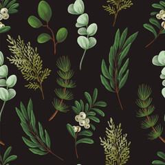 Vector Christmas seamless pattern with greenery pods cotton and berries