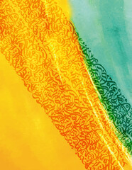 Abstract arabic calligraphy design with yellow and teal watercolor background