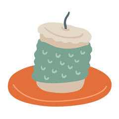 Cozy candle with knitted texture on orange plate. Hand drawn flat vector illustration.