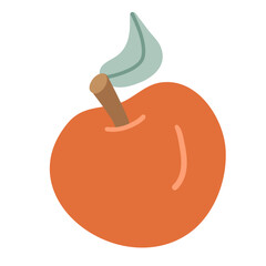 Orange apple with a brown stem and green leaf. Hand drawn flat vector illustration.