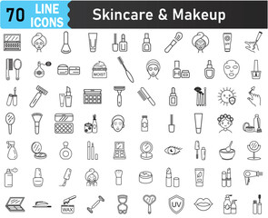 Skincare and Makeup tools line Icons, include Personal Care and Cosmetics tools for daily glow, hair care and body care. Editable Stroke 