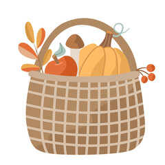Wicker basket filled with pumpkin, apple, mushroom, berries, and fall leaves. Hand drawn flat vector illustration