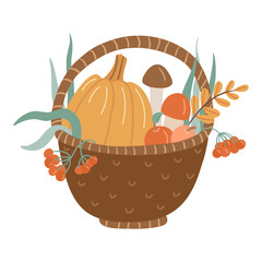 Autumn harvest basket with pumpkin, mushrooms, apples, berries, and fall foliage. Hand drawn flat vector illustration.
