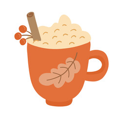 Hot drink in an autumn mug decorated with a leaf, topped with whipped cream and cinnamon stick. Hand drawn flat vector illustration.