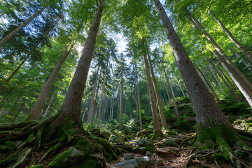 Towering green forest canopy with mossy roots and rocks trees nature