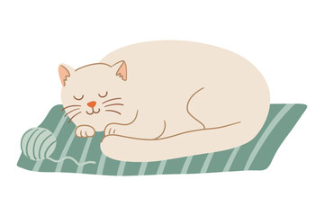 Cute cream-colored cat sleeping on a green striped blanket with a ball of yarn. Cozy autumn hygge scene in hand drawn flat style