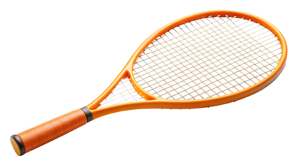 An orange tennis racket for sports and recreation isolated on transparent background