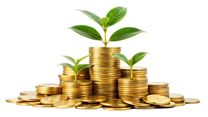 Stacks of golden coins with green plants growing from them are isolated on transparent background, symbolizing financial growth
