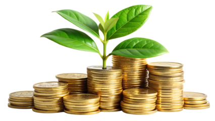 Stacks of golden coins with a green plant growing from the top are isolated on transparent background, representing financial growth