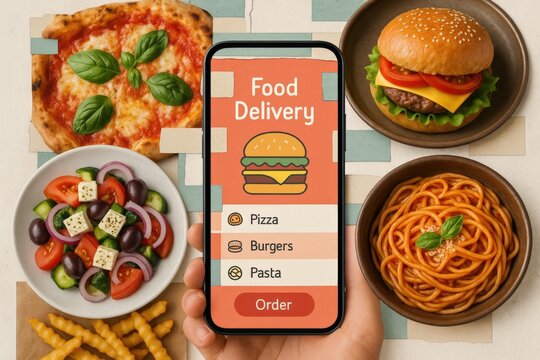 Hand holding phone with food delivery app amid pizza, burger, pasta, salad, and fries on table