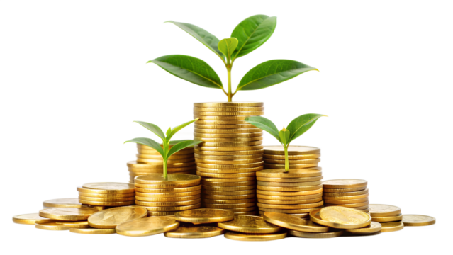 Stacks of golden coins with green plants growing from them are isolated on transparent background, symbolizing financial growth - Powered by Adobe