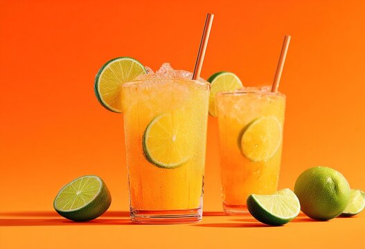 Two orange lemonade sodas with lime, refreshing summer drinks on vibrant background, color, commercial. High quality