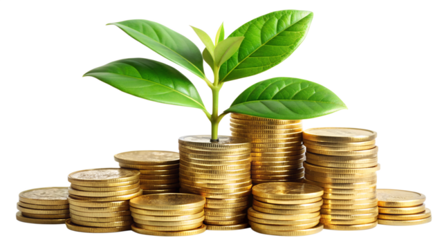 Stacks of golden coins with a green plant growing from the top are isolated on transparent background, representing financial growth