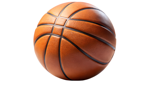 An orange basketball with black lines is isolated on transparent background, showing its textured surface and round shape