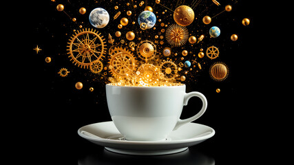 “A surreal white coffee cup on a saucer with golden gears, planets, stars, and celestial objects bursting out, symbolizing imagination, creativity, and cosmic energy. Dark background highlights the gl