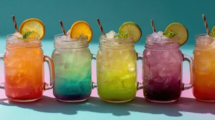 Colorful layered drinks in mason jars refreshing summer beverage photography. High quality