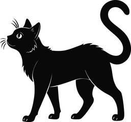 black cat silhouette walking with tail up and looking up side profile