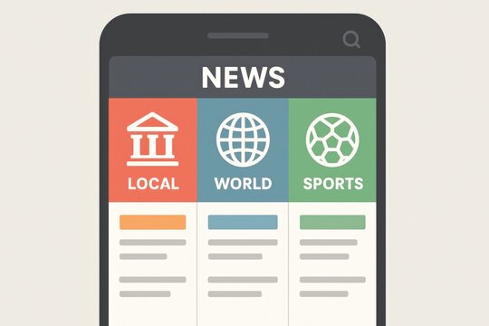 Digital news interface on smartphone with local, world, sports categories displayed in colorful