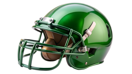 A shiny green american football helmet with a face mask is isolated on transparent background, ready for the big game