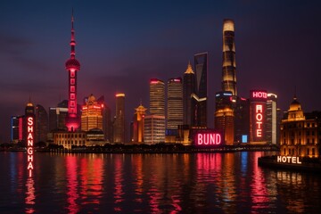 Obraz premium Shanghai skyline illuminated with vibrant neon lights reflecting on waterfront at night