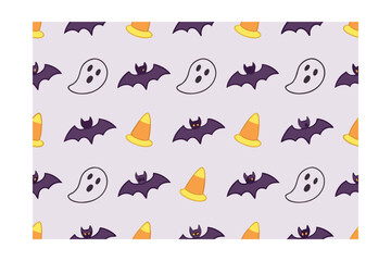 Halloween pattern with bats ghosts candy corn witch hats on a light purple vector