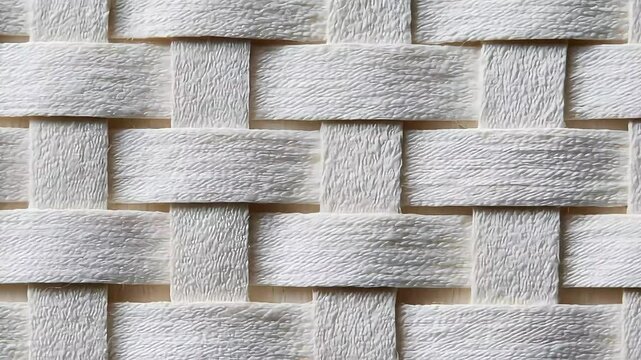 Close-up view of a woven pattern created with white fabric strips, showing the texture and intersecting design.
