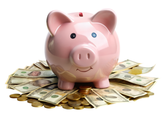 A pink piggy bank sits atop a pile of united states dollar bills and coins isolated on a white background